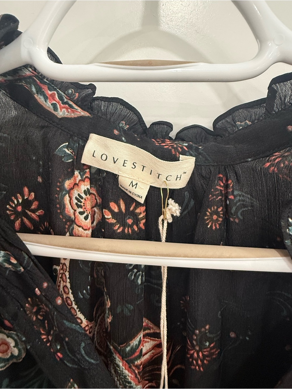 Lovestitch Black Floral Mini Fit & Flare Dress Long Bell Sleeve Size M Boho - Picture 3 of 9